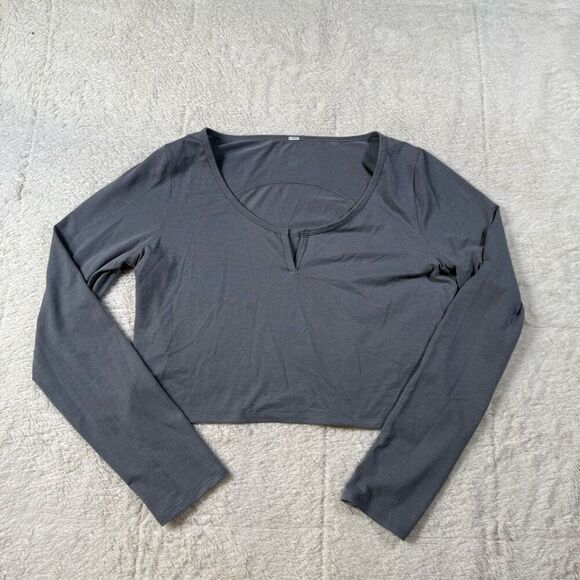 Lululemon Cropped Henley Long Sleeve Heathered Asphalt Grey Crop Top Shirt - Picture 1 of 5